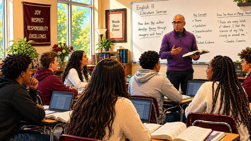 A high school teacher leading a literature seminar in front of his students — the kind of classroom Boomerang Pass is built for.