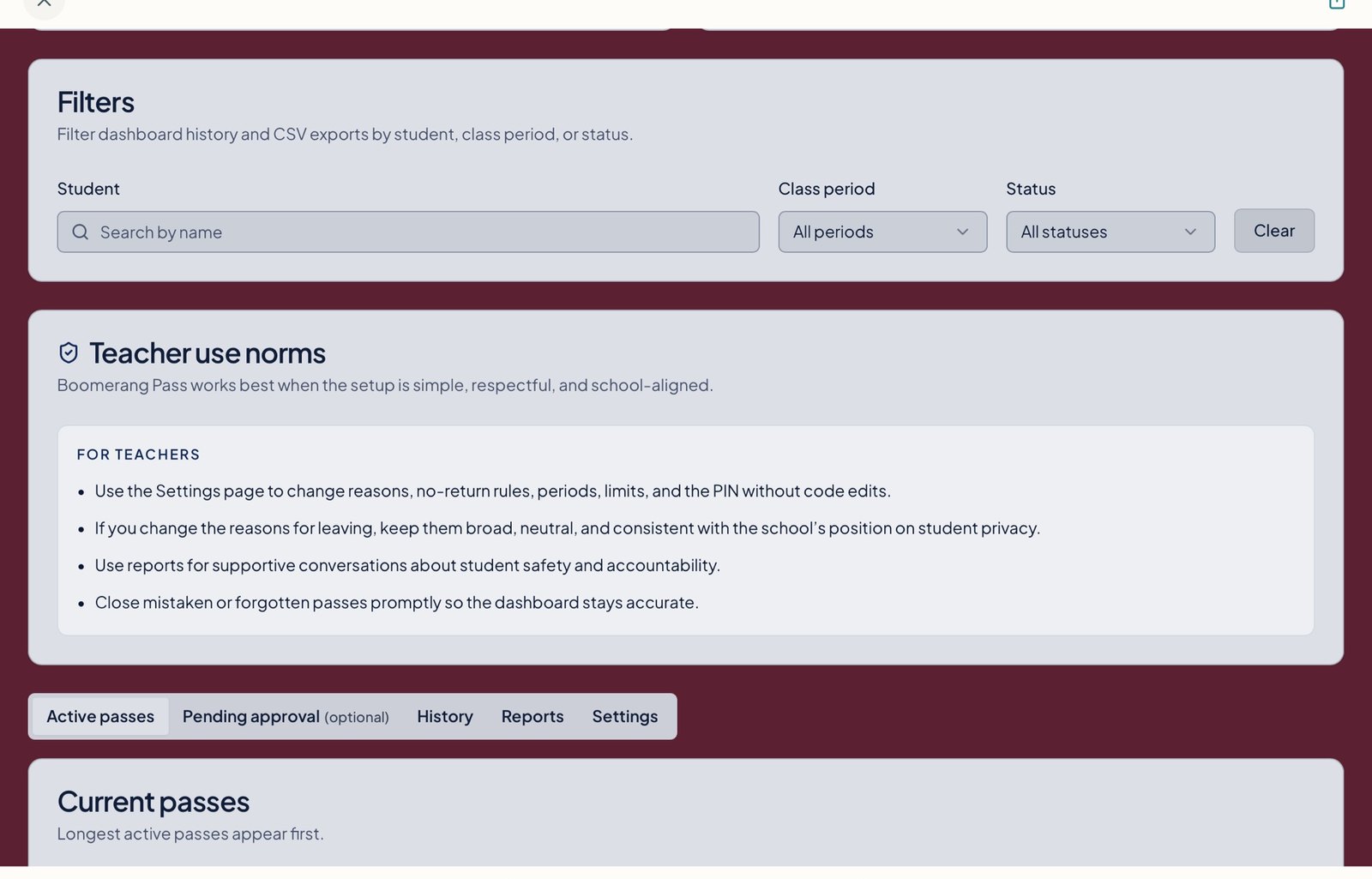 Boomerang Pass Teacher Dashboard with active pass filters and a Teacher use norms panel — quiet professional guidance for how the dashboard supports instruction.