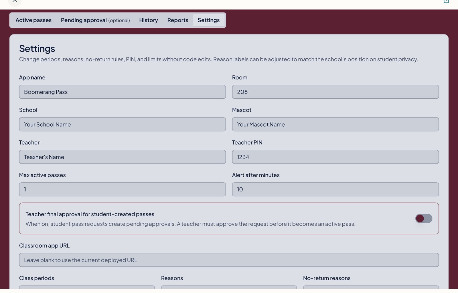 Boomerang Pass Teacher Dashboard Settings page — controls for max active passes, alert thresholds, and teacher approval preferences.