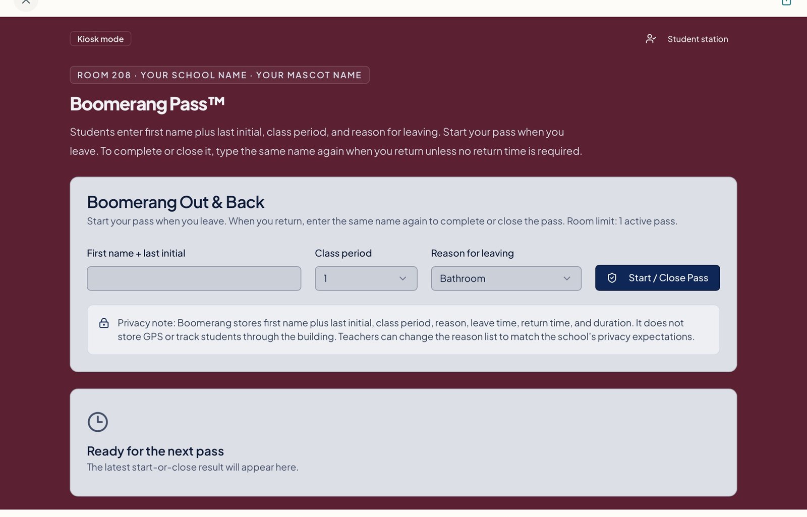 Boomerang Pass digital hall pass in Kiosk mode — a clean, full-width student form for a shared classroom Chromebook, ready for the next pass.