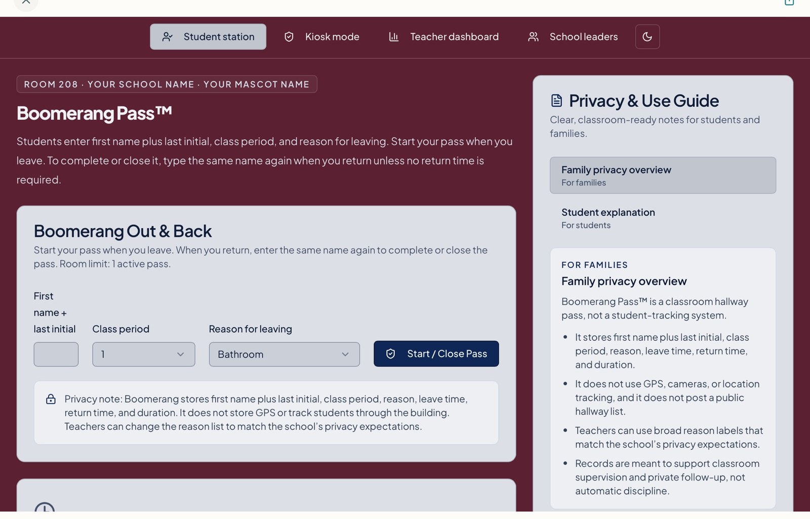 Boomerang Pass Student Station — a student-side pass form with name, period, and reason fields, alongside a Family privacy guide reminding students that pass details stay inside the classroom.