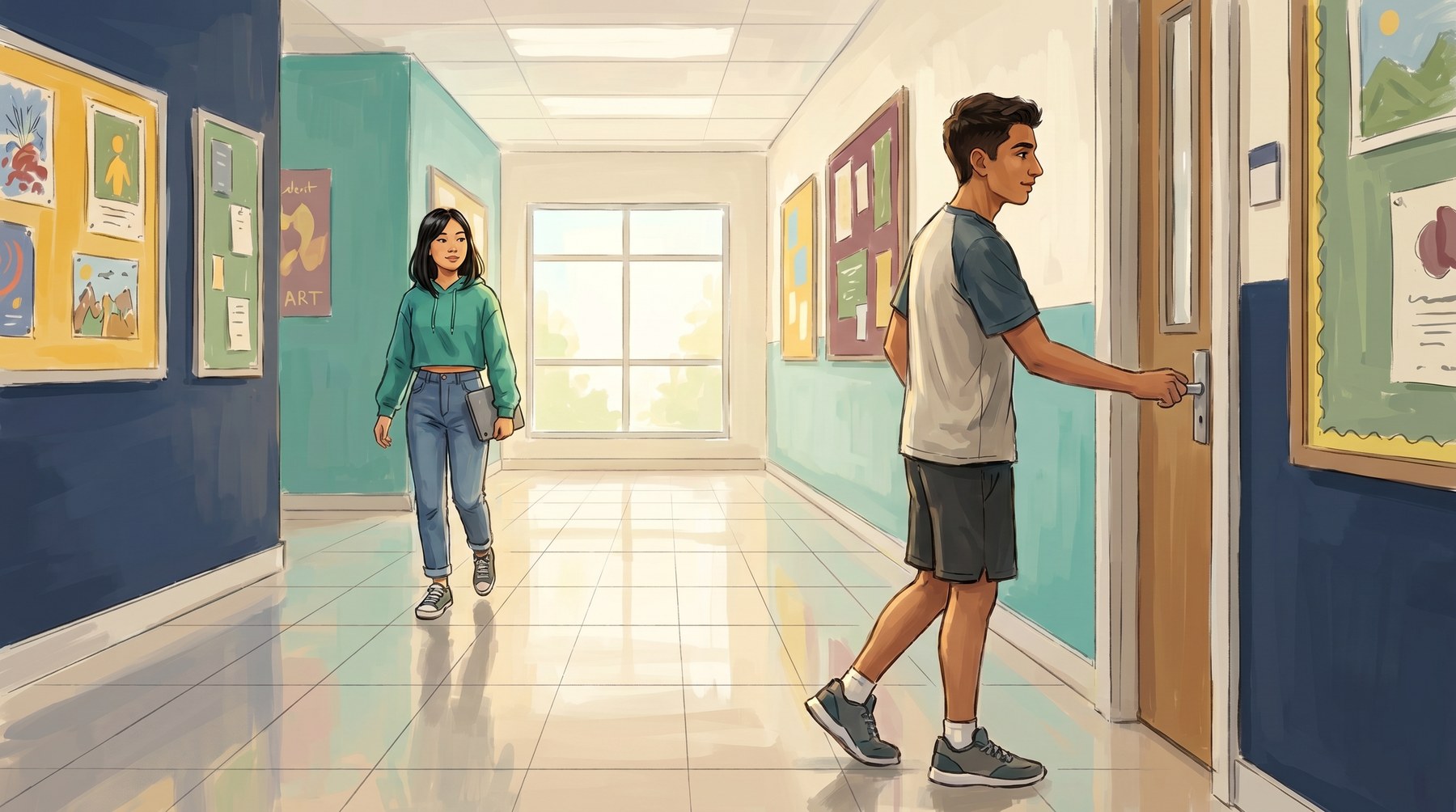 Two modern high school students in a colorful hallway — one student about to open a classroom door to return to class, another walking down the hall with a Chromebook — the ordinary movement Boomerang Pass is built to support.