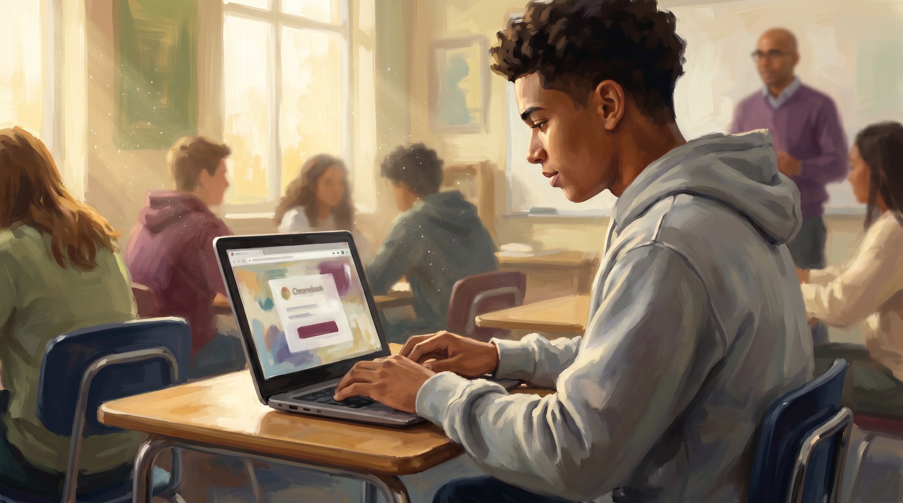 A high school student quietly starting a digital hall pass on a Chromebook from their desk — painted illustration in the Boomerang house style.