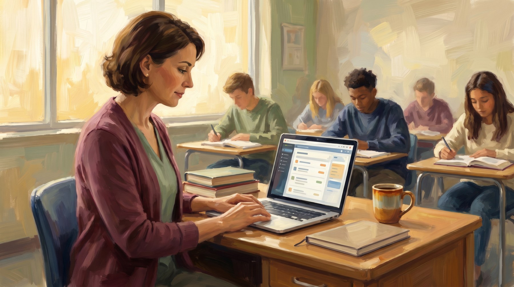 A high school teacher seated at her desk during class, calmly glancing at a clean dashboard on her laptop while students work — painted illustration in the Boomerang house style.
