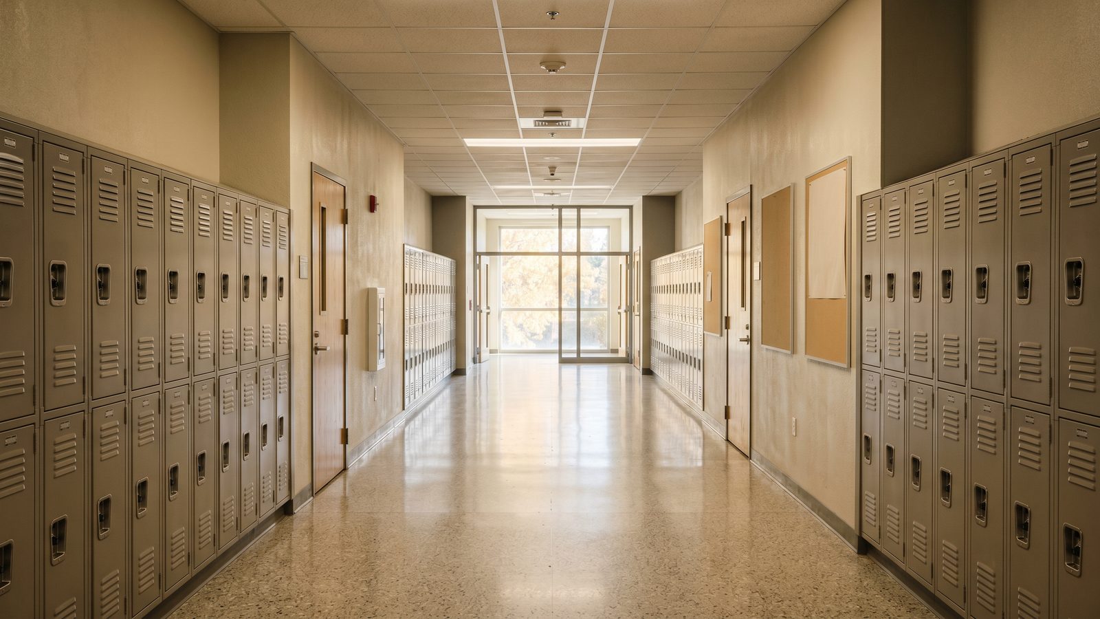 A quiet, well-lit high school hallway lined with lockers during class time.